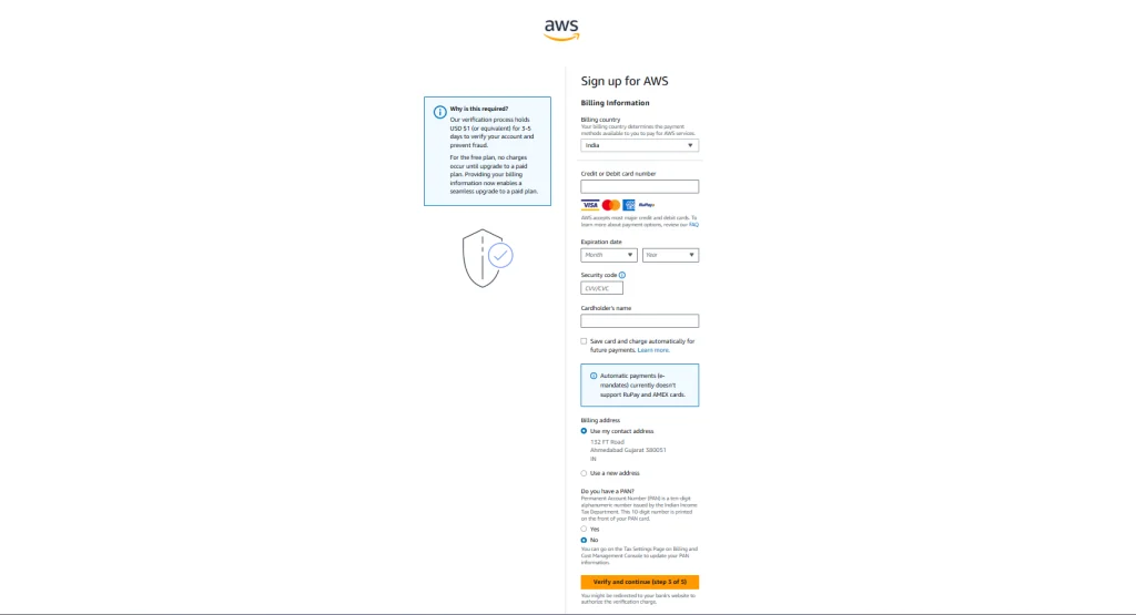 AWS Billing Information Input Page