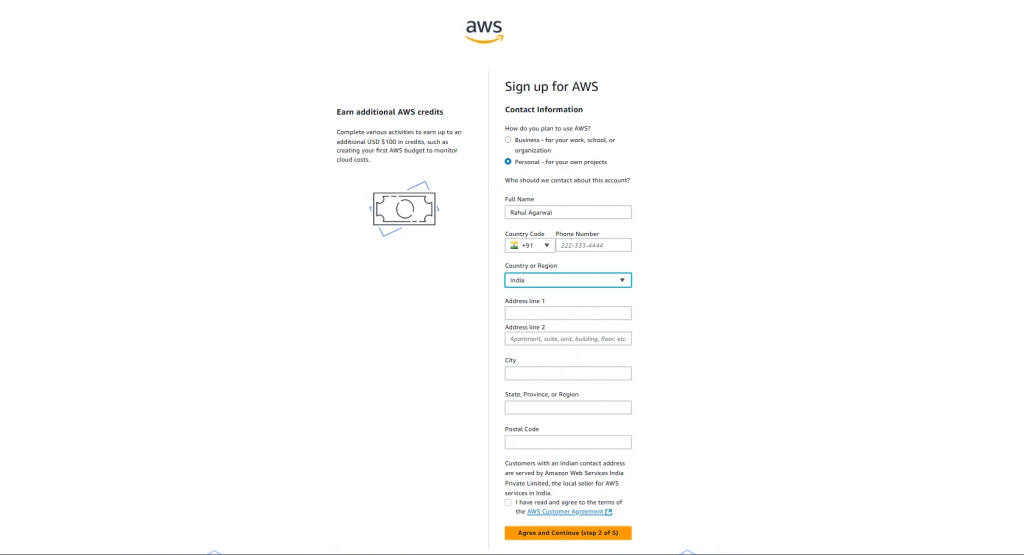 AWS Contact Person Information Input Page