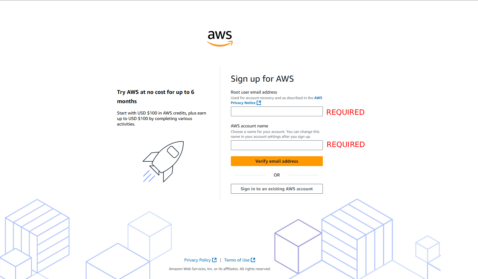 AWS Root Email and Account Name Input Page