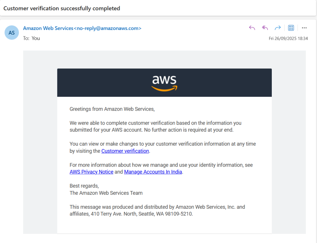 AWS Customer Verification Success
