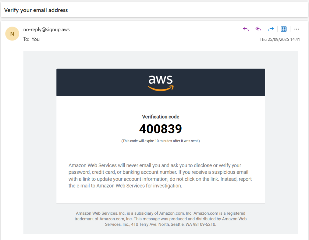 E-Mail from AWS for OTP Verification